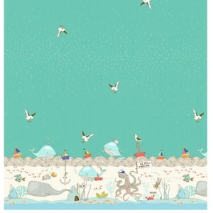 May include: A turquoise blue background with white seagulls flying in the sky. The bottom of the image shows a white sandy beach with brown seaweed, a gray whale, a red crab, a brown octopus, and a blue whale with a captain's hat. The text "See you on the wild side" is written on a white sign.