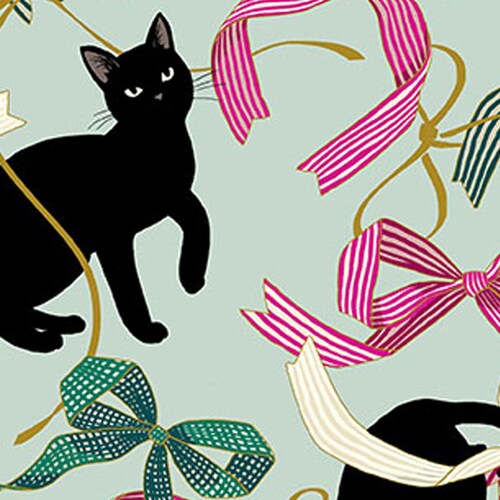 Neko Metallic Cats Ribbons Bows Cream From Quilt Gate Fabric - Etsy