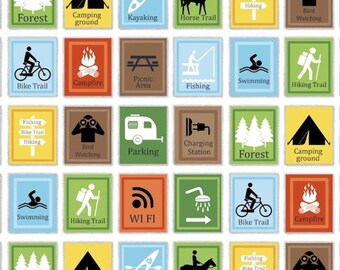 Vacation Fabric Camping Road Trip Word Patch Beige Clothworks YARD