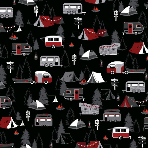 Great Outdoors - Gone Camping Trailers Tents Black from Kanvas Studio Fabric