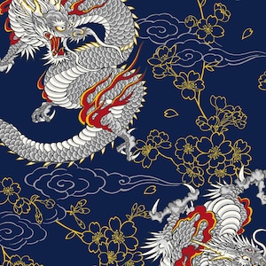 Traditional Japanese Style DOBBY - Dragons Floral Blue from Cosmo Fabric