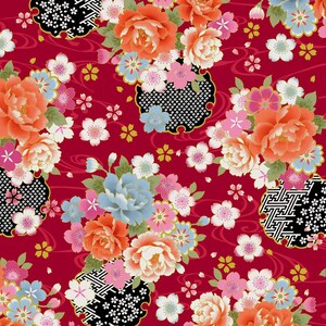 Traditional Japan Sheeting Metallic - Floral Swirl Red from Cosmo Fabric