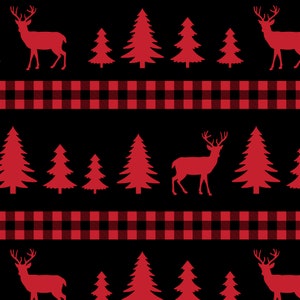 May include: A seamless pattern featuring red deer silhouettes and red Christmas trees on a black background. The pattern is accented with a red and black buffalo plaid design.