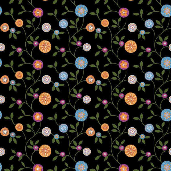 Folktown Cats - Medallion Trail Floral Black by Karla Gerard from Benartex Fabrics