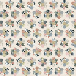 May include: A repeating pattern of hexagonal fabric patchwork designs in shades of blue, pink, green, and brown. The fabric is a mix of floral prints, gingham, and geometric patterns. The background is a light beige.