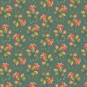 May include: A seamless pattern featuring a repeating design of stylized orange flowers with green leaves on a teal background.