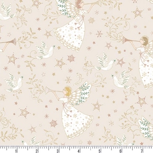 May include: Cream-colored fabric featuring a repeating pattern of angels playing trumpets, doves, stars, and snowflakes. The angels have gold hair and wings with green accents. The design includes gold and light brown floral elements.