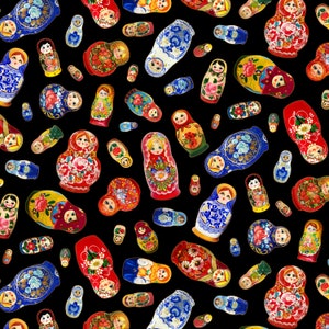 Matryoshka - Tossed Dolls Metallic Black from Elizabeth’s Studio Fabric