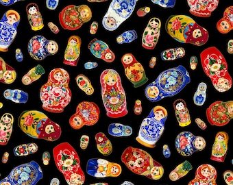 Matryoshka - Tossed Dolls Metallic Black from Elizabeth’s Studio Fabric