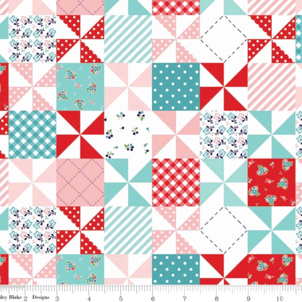 Country Girls- Patchwork Aqua Cotton FLANNEL Fabric by Tasha Noel from Riley Blake - Half Yard