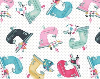 Sew Sleep Repeat - Tossed Sewing Machines White from Henry Glass Fabric