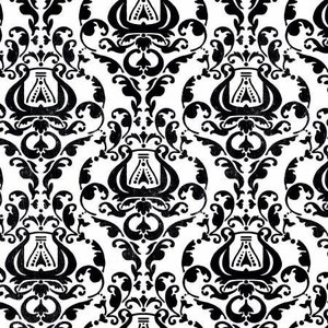 Può includere: Motivo damascato bianco e nero con un design ripetitivo di una lira stilizzata.