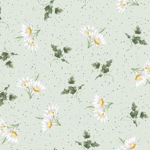 May include: A seamless pattern featuring white daisies with yellow centers on a light green background with small black dots. The daisies are arranged in a random pattern and are surrounded by small green leaves.