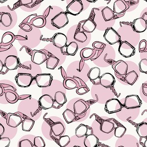 Könnte beinhalten: Ein nahtloses Muster mit rosa und schwarzen Brillen auf weißem Hintergrund mit rosa Punkten.
