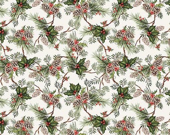 May include: A white fabric with a repeating pattern of green holly leaves, red berries, and brown pine cones. The pattern is on a white background.