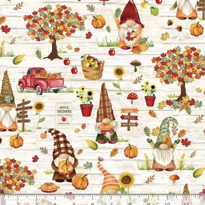 Peut inclure: Un fond blanc avec un motif répété de gnomes, de citrouilles, de feuilles d'automne et d'autres éléments automnaux. Les textes "Apple Orchard" et "Cider Apples Hay Rides" sont visibles sur des panneaux.