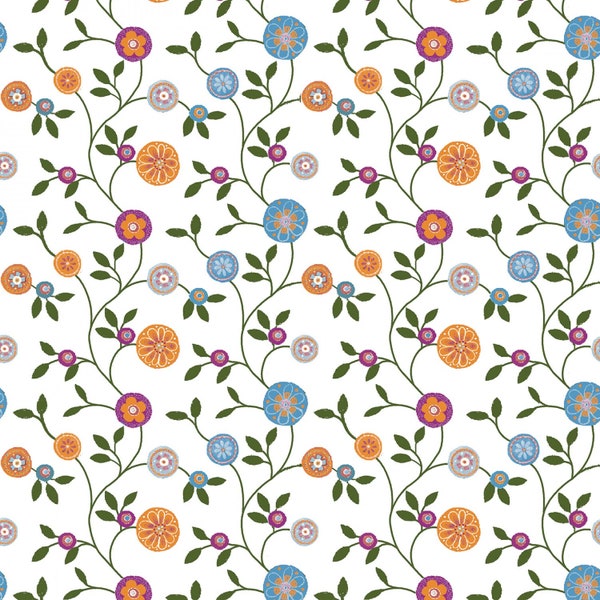 Folktown Cats - Medallion Trail Floral White by Karla Gerard from Benartex Fabrics