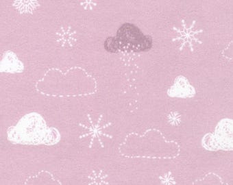 May include: Pink fabric with a white cloud and snowflake pattern. The clouds are outlined with a dotted line and the snowflakes are stylized.