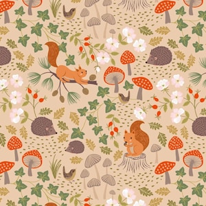 Evergreen - Squirrels and Hedgehogs Light Oak from Lewis and Irene Fabric