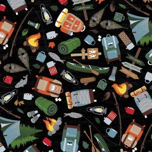 Moose Creek Lodge - Gone Camping Items Black from Benartex Fabrics