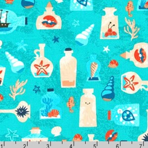 Seaside Treasures - Seashells Bottles Pacific by Pink Light Design from Robert Kaufman