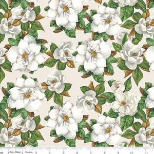 May include: A seamless pattern featuring white magnolia flowers with green leaves on a cream background.
