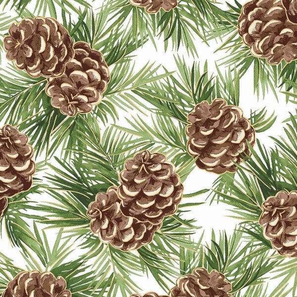 Glad Tidings Metallic - Pinecones Soft White from Maywood Studio Fabric