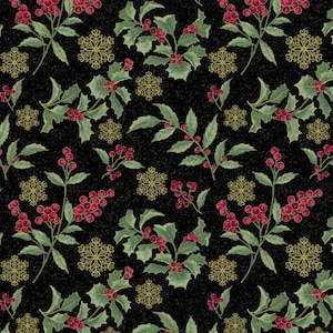 Festive Chickadees - Holly Toss Metallic Black by Jackie Robinson from Benartex Fabrics
