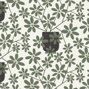 Könnte beinhalten: Ein sich wiederholendes Muster mit stilisierten grünen Schefflera-Blättern und -Zweigen auf cremefarbenem Hintergrund. Dunkelgraue Töpfe sind im Design verstreut und erzeugen ein nahtloses botanisches Motiv. Geeignet für Stoff oder Tapeten.