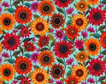 For The Love of Sunflowers - Large Sunflowers Aqua by Peggy Davis from Elizabeth’s Studio Fabric