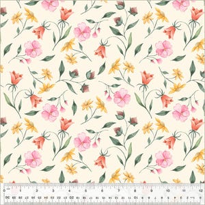 May include: Floral fabric with a cream background. The pattern features watercolor-style flowers in pink, yellow, and orange, along with green leaves and stems. The fabric is measured in centimetres.