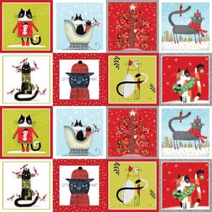Meowy Christmas - Squares Multi PANEL 22 Inches from Benartex Fabrics
