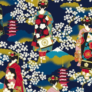 Shikisai Monyou SATIN - Geisha Blue from Cosmo Fabric