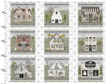 White Cottage Farm - Village PANEL 36 Inches from 3 Wishes Fabric