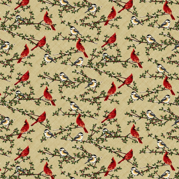 Frozen in Time - Cardinal Bird Cream Tan by Jan Mott from Henry Glass Fabric