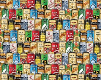 Ale House - Latas de cerveza apiladas multicolor de Kanvas Studio Fabric