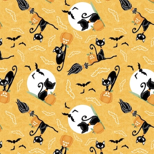 Nights of Olde Salem GLOW in DARK - Tossed Cats Orange from Henry Glass Fabric