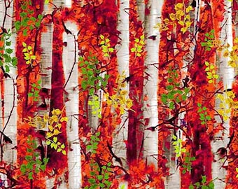 Nature - Tissu Timeless Treasures avec des feuilles de forêt de bouleaux
