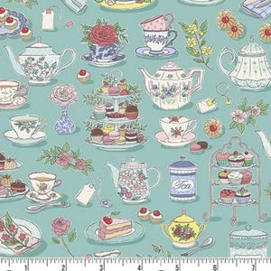 Puede incluir: Una tela turquesa con un patrón repetido de tazas de té, teteras, soportes para pasteles de varios niveles y pasteles. El diseño incluye detalles florales en rosa, azul y amarillo, con una estética vintage. Ideal para proyectos de patchwork o manualidades.