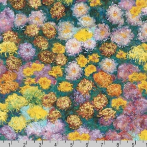 May include: A vibrant painting of a field of flowers in various shades of yellow, pink, purple, and white. The flowers are painted with thick brushstrokes, creating a textured effect. The background is a deep green.
