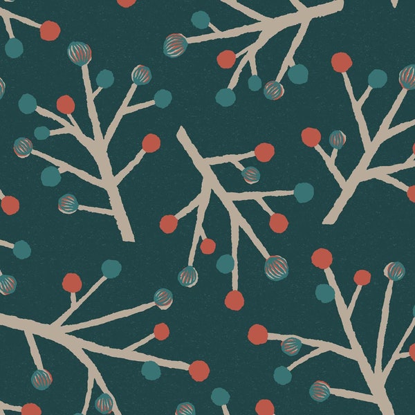 Scandinavian Woods OXFORD - Berry Branches Trees Dark Teal from Cosmo Fabric