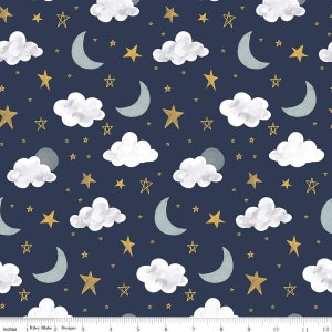 May include: A seamless pattern featuring white clouds, crescent moons, and gold stars on a dark blue background. The design is perfect for fabric, wallpaper, or wrapping paper.