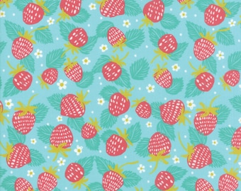 Growing Beautiful - Strawberry Floral Aqua by Crystal Manning from Moda Fabrics