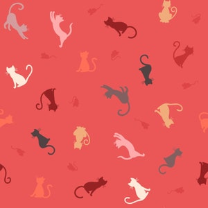 Purrfect Petals - Cat and Mouse Soft Red from Lewis and Irene Fabric
