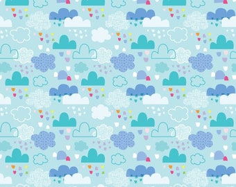 May include: A seamless pattern featuring blue, turquoise, and white clouds with various textures and patterns on a light blue background. The clouds are decorated with colorful dots, triangles, and hearts.