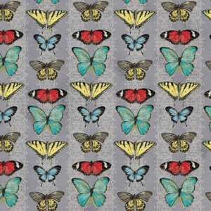 Poppies and Papillions - Butterfly Rows Grey by Tom Coffey from Springs Creative Fabric