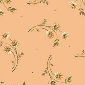 May include: A peach-colored background with a repeating pattern of white flowers with yellow centers and green leaves. The flowers are arranged in a curved line, creating a delicate and feminine design.