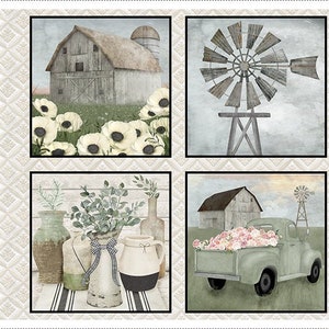 Puede incluir: Un conjunto de cuatro paneles de tela de estilo farmhouse con un camión vintage, un molino de viento, un granero y un arreglo floral. Los paneles están impresos sobre un fondo beige con un patrón sutil.