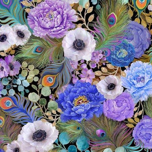 Flourish - Peacock Feathers Florals Multi from Timeless Treasures Fabric