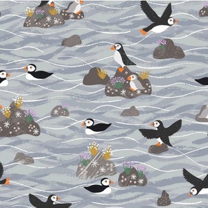 Puffin Bay - Puffins on Rocks Grey from Lewis and Irene Fabric